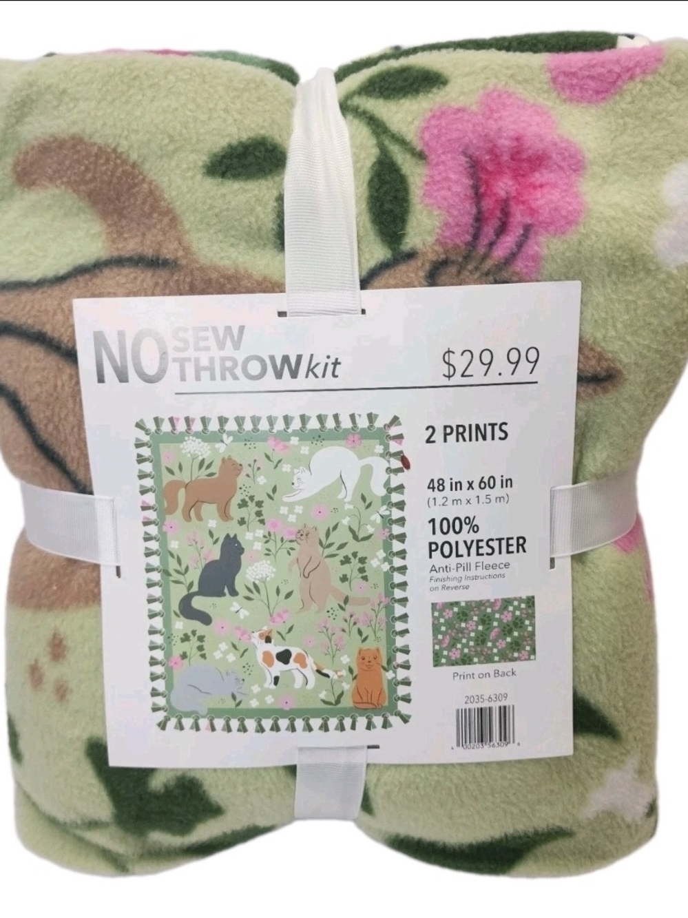 No Sew Throw Kit Cat Feline Floral 48x60" Anti-Pill Fleece Joann Fabric New DIY